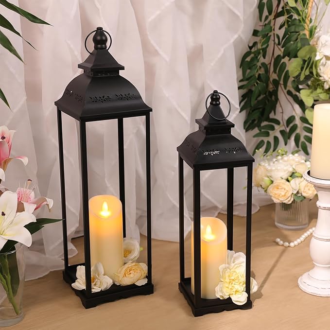 2 Pack Large Lanterns Decorative Indoor, Black Farmhouse Outdoor Lantern for Porch, Tall 22'' 17'' Lantern Decor (no Glass) with 2PCS Flameless Candles for Wedding Home Table Front Door