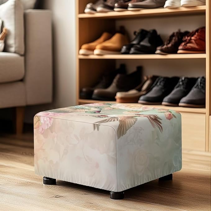 Floral Hummingbird Ottoman Cover Rectangular Stretch Ottoman Slipcover Rectangle Waterproof Storage Footstool Covers Furniture Protector with Elastic Bottom for Living Room