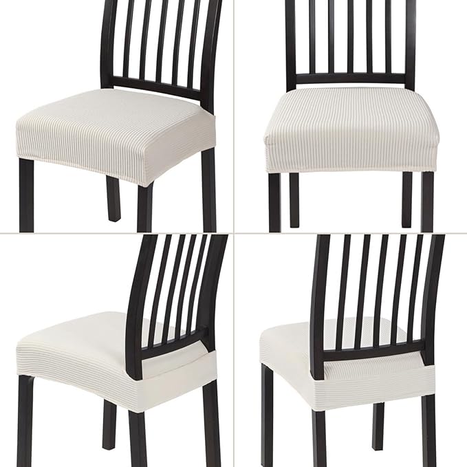 SearchI Stretch Dining Chair Seat Covers Set of 6, Soft Removable Washable Seat Cover for Dining Chairs, Dining Room Chair Cover Protector (Rear-Covered, Cream Stripe)