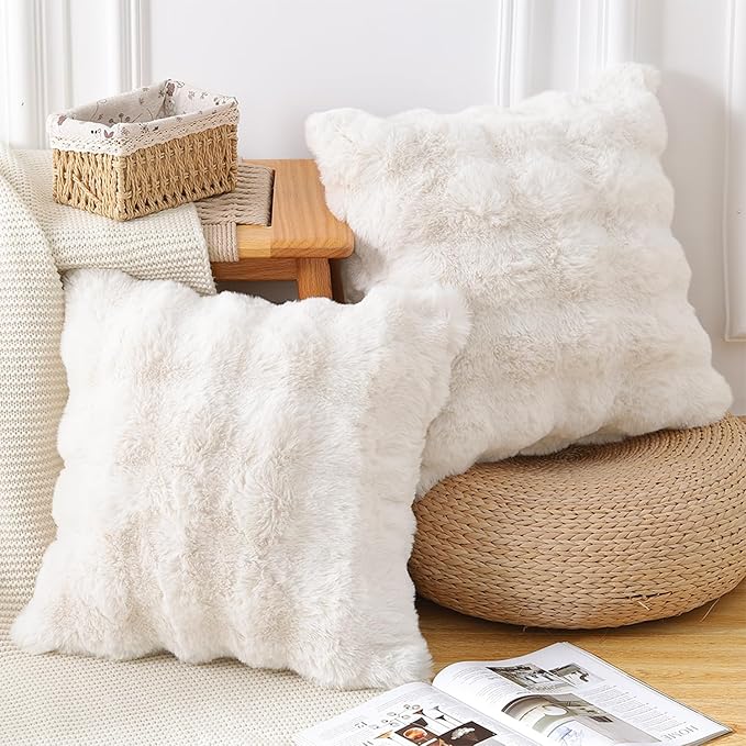 MADIZZ Pack of 2 Thick Plush Wool Throw Pillow Covers 26x26 Inch Cream Soft Neutral Decorative Throw Pillows Accent Boho Cushion Covers for Couch Sofa Bedroom Pillow Shell