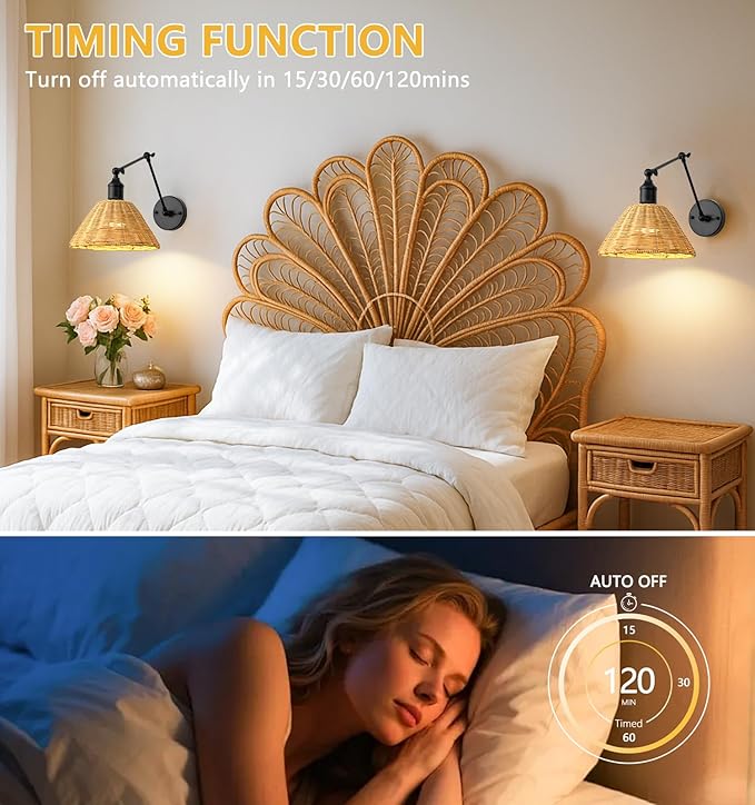 Battery Operated Wall Sconce, Rattan Wall Sconces Battery Operated Set of 2, Bohemian Wireless Battery Wall Sconce with Remote Control for Bedroom, Farmhouse, Gallery