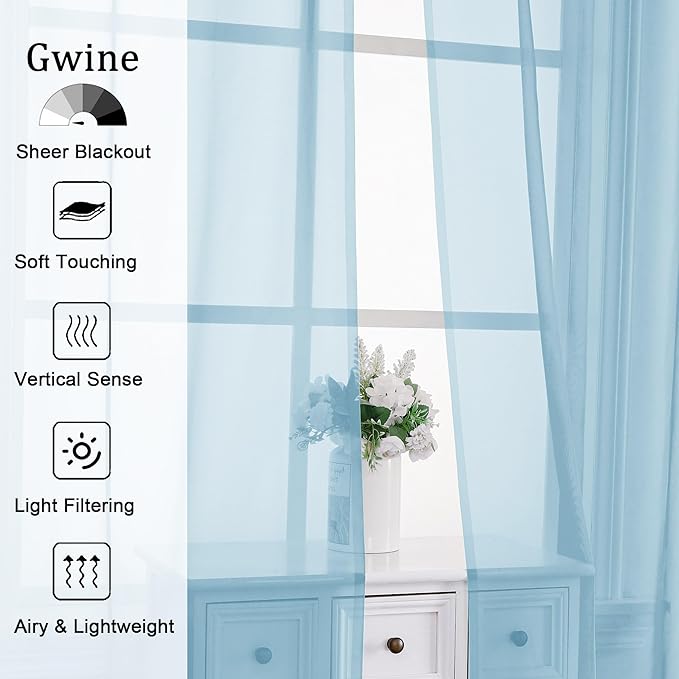 Gwine Sky Blue Sheer Curtains for Bedroom 54 inches Long 2 Panels, Light Filtering Voile Rod Pocket Curtains, Airy Transparent Sheer Drapes for Living Room, Each 42" Wx54 L