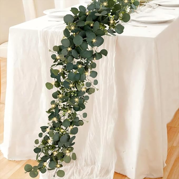 Eucalyptus Garland with Lights, 4 Packs 6FT Green Flower Garland Decor, Artificial Faux Eucalyptus Leaves Greenery Vines for Table Runner Wedding Centerpieces Backdrop Decorations (Warm Color)