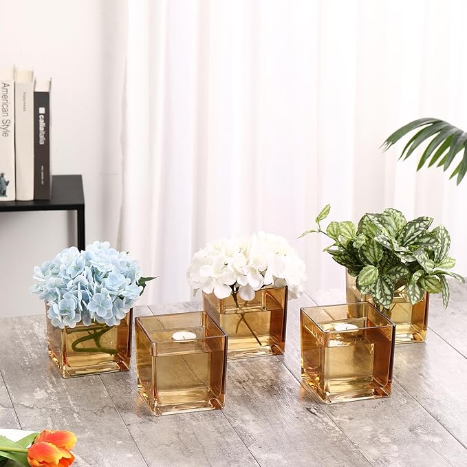 Square Amber Glass Vases Set of 6, 5" x 5" x 5" Flower Vases for Centerpieces, Square Vase for Centerpieces, Small Vase for Wedding, Party, Home Office Decoration