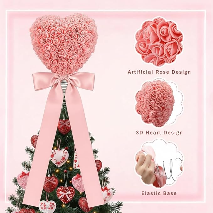 Soulchen Valentine Day Tree Topper 11.8 Inch Pink Heart Tree Topper with Bow Artificial Rose Flower Valentines Trees Ornaments for Valentine's Day Wedding Holiday Party Supplies