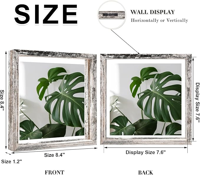 Egofine Distressed White 8x8 Floating Frames Set of 2, Double Plexiglass Picture Frame, Made of Solid Wood Display Any Size Photo up to 8x8, Wall Mount or Tabletop Standing