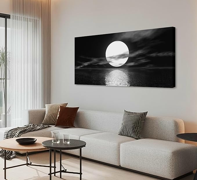 Cao Gen Decor Art S06498 Wall Art Canvas Sea White Full Moon in Night Picture Canvas Poster Print Black and White Ocean for Living Room Bedroom Kitchen Home Decorations Framed Artwork