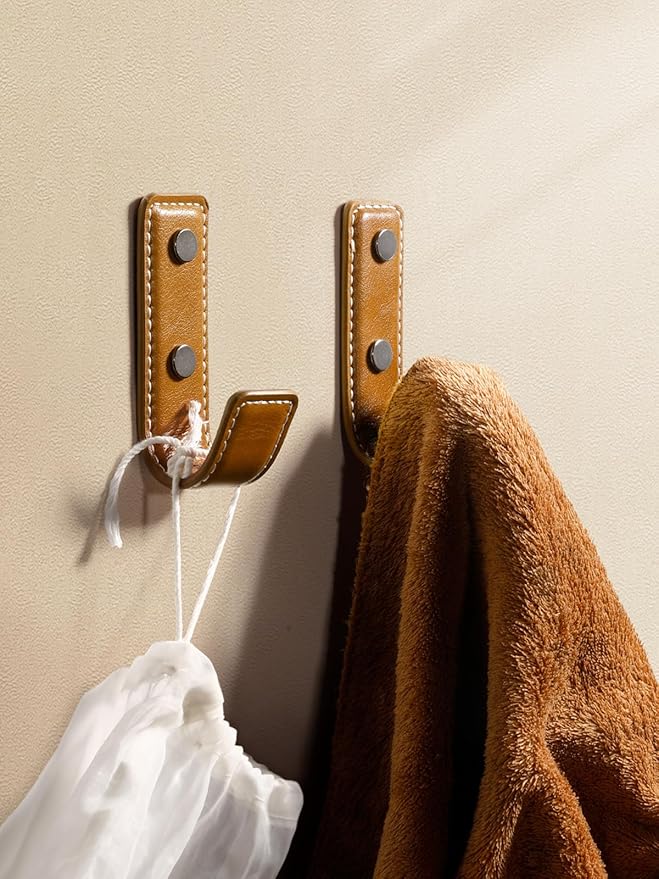 2 Pack Orange Leather Coat Hooks Wall for Hanging Rectangle Coat Hooks for Hanging Robe Towels Bags Hats Scarf Keys Clothes Suitable for Bedroom, Entryway and Closet