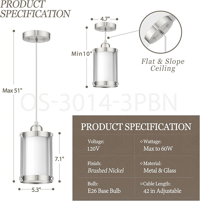 Brushed Nickel Pendant Lights Kitchen Island 3 Pack, Modern Kitchen Pendant Lighting Over Island with Milk Glass, Farmhouse Mini Hanging Light for Sink Dining Room, OS-3014-3PBN