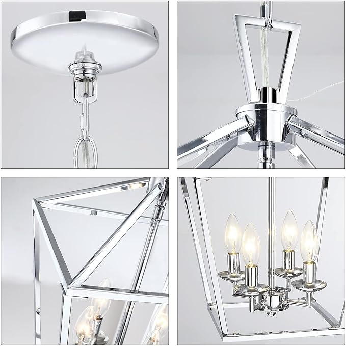 Untrammelife 4-Light Lantern Pendant Light Chrome Modern Hanging Pendant Light Fixtures with Adjustable Chain Metal Cage Dimmable Geometric Chandelier for Kitchen Island Foyer Hallway, 12Inch