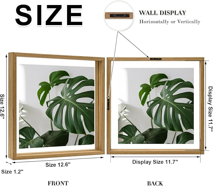 Egofine 12x12 Floating Frames Set of 2, Double Plexiglass Picture Frame, Made of Solid Wood Display Any Size Photo up to 12x12, Wall Mount or Tabletop Standing,Carbonized