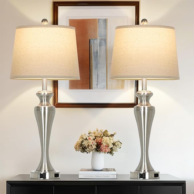 30" Silver Table Lamps Set of 2, 3-Way Dimmable Touch Living Room Lamp with USB A+C Ports and AC Outlet, Modern Brushed Nickel Bedroom Lamps, Tall Metal Bedside Lamp for Nightstand Side Table