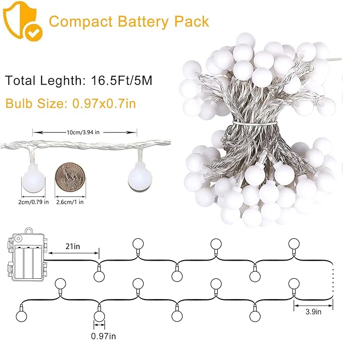 echosari Battery Operated String Lights, 16.5 Feet 50 LED Camping Globe Lights with Remote Timer 8 Modes Frosted Ball Fairy Light for Bedroom Wedding Xmas Tree Party Decoration (Warm White)