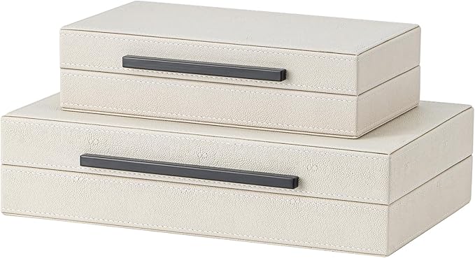 Set of 2 Beige Shagreen Decorative Storage Boxes with Black Metal Handles –Faux Leather Large Modern Stackable Nesting Jewelry Box with Lids Organizer