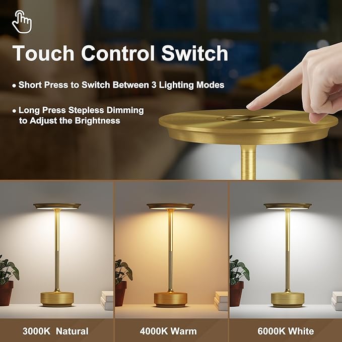 Rechargeable Cordless Table Lamps,Portable 5000mAh Table Light Touch 3 Color Stepless Dimming Battery Powered LED Table Lamp for Restaurant/Bars/Outdoor Party/Camping(Gold)