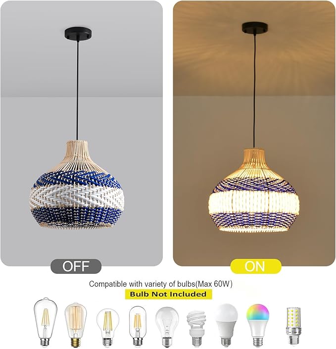 3-Light Rattan Pendant Light 15" Hand-Woven Blue White Wicker Basket Chandelier1-Pack Boho Faux Rattan Hanging Light,for Living Room Bedroom Kitchen Hallway Dining Farmhouse