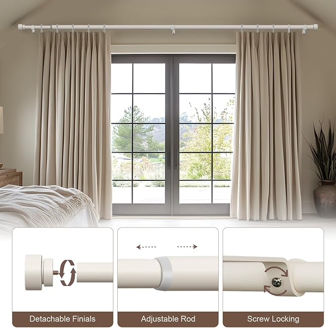 Modern White Curtain Rods for Windows 28 to 48 Inches Adjustable Length Heavy Duty 1" Diameter Window Curtain Rod with Decorative Finials for Outdoor Bedroom Kitchen Living Room