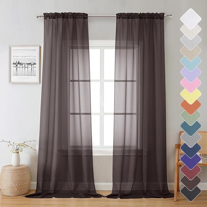 Lecloud Chocolate Sheer Curtains 96 Inches Long 2 Panels, Voile Breathable Sheer Curtain for Windows, Soft Transparent Curtains for Living Room Bedroom Rod Pocket, Each Panel 42 X 96 Inch