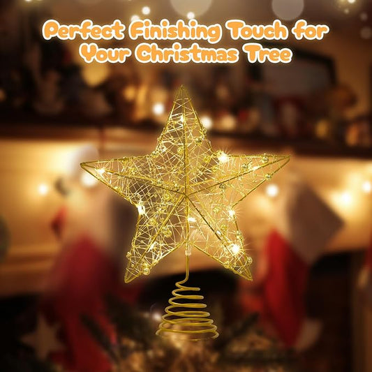 Athoinsu Light up Christmas Tree Topper Star 10 Inch Gold Glitter Christmas Ornaments Decoration with Warm LED Lights, Xmas Tree Topper Ornament for Holiday Christmas Party Home Decor