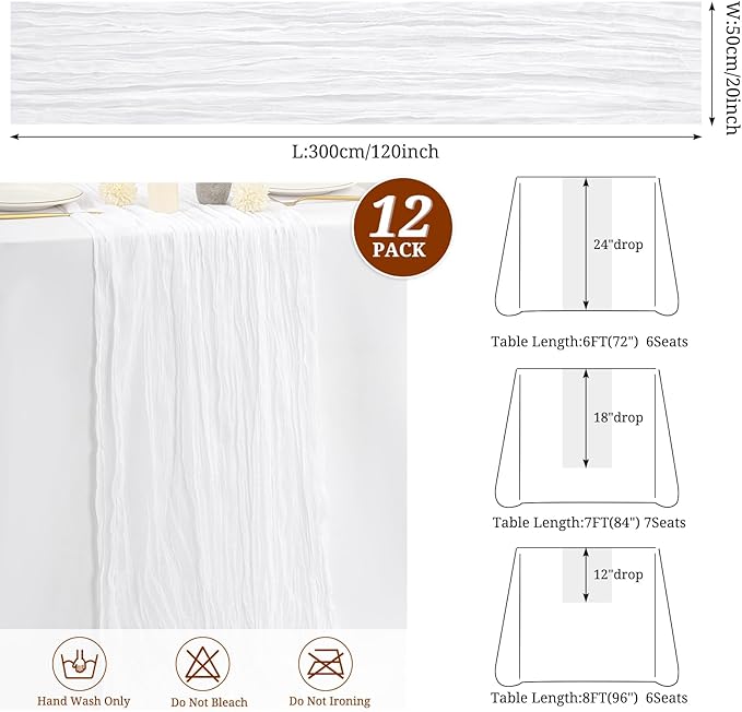 12 Pack White Cheesecloth Table Runner,10FT Gauze Boho Long Christmas Cheesecloth Tablerunners 20x120inch Rustic Cheese Cloth Table Runners for Wedding Party Bridal Shower,Table Decorationsa