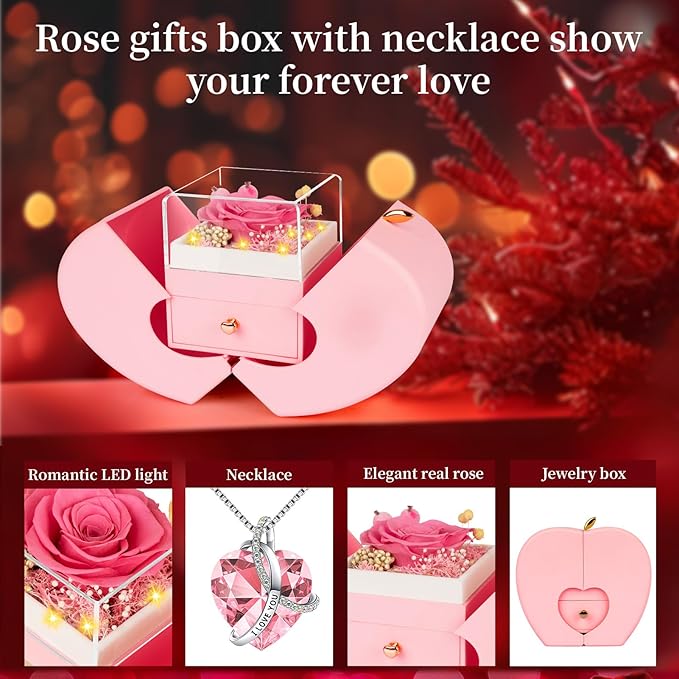 Preserved Real Pink Rose Birthday Gifts for Women Her Mom Wife Girlfriend Grandma with l Love You Necklace Eternal Forever Rose Flowers on Anniversary Valentine's Day Mothers Day Christmas