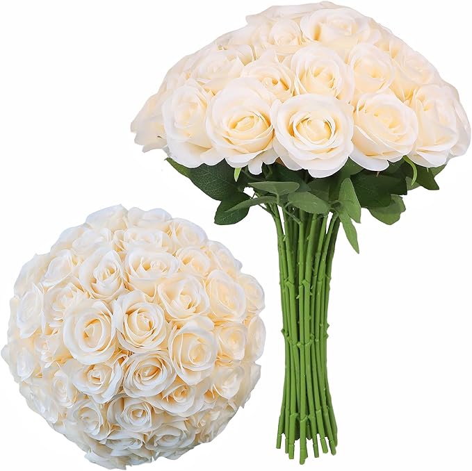 Artificial Rose Flower Artificial Flowers Flower with Long Stem Silk Roses Bouquet for Wedding Bridal Shower Party Home Decoration (Champagne, 50 Pcs)