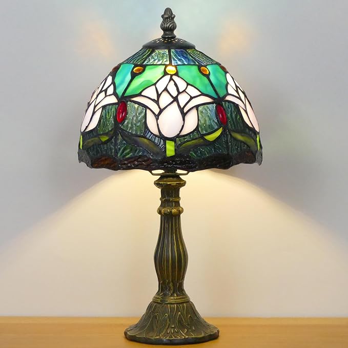 Small Tiffany Lamp Stained Glass Table Lamp Mini Accent Lamp Handmade Desk Memory Lamp Sympathy Bedside Night Light 8X14 Inch (Tulip Flower Style)