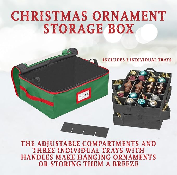 HOLDN’ STORAGE Christmas Ornament Storage Box with Dividers - Fits 72-3” Ornaments, 3 Removable Trays, Durable & Space-Saving, Clear Top Lid, Convenient Storage Designed, Green