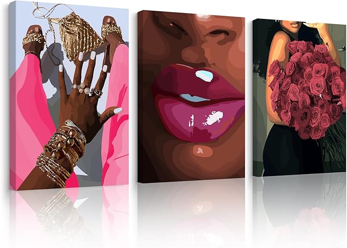 Black Girl Wall Art African Woman Canvas Wall Decor Pink Black Women People Art Fashion Poster African American Girl Picture Abstract Flower Painting for Bedroom Living Room 12x16x3 Inch Ready to Hang