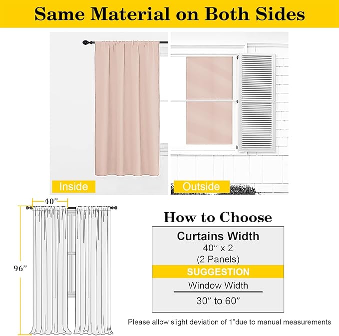 Blush Blackout Curtains for Bedroom Living Room 96 Inches Long 2 Panels, Soft Solid Room Darkening Thermal Insulated Window Treatments, Modern Rod Pocket Curtain, Blush, Each 40" Wx96 L