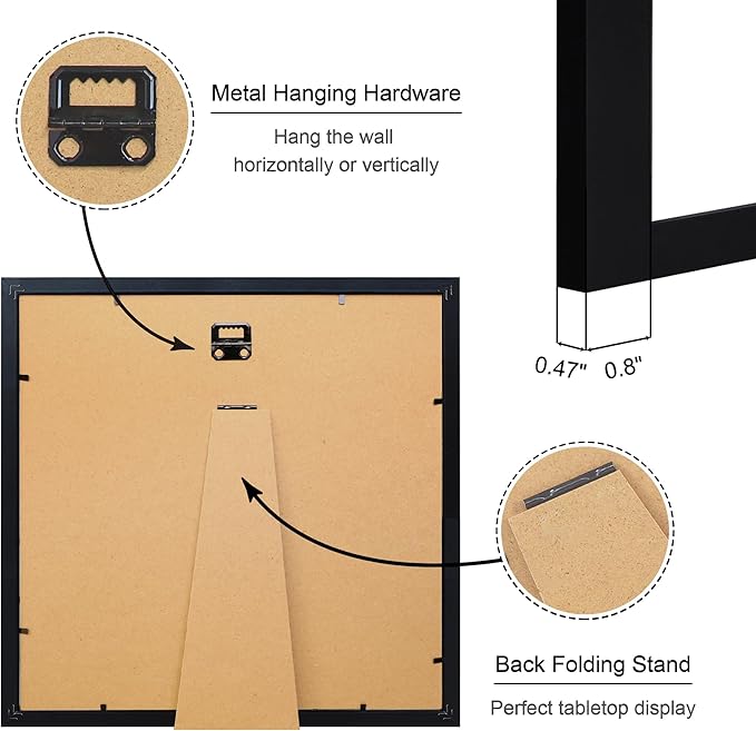 12x12 Picture Frame Set of 2, 12 x 12 Wood Photo Frames with Mat for 10x10 or 30x30cm Diamond Art Painting, Wooden Frame with Real Glass Cover for Wall and Tabletop Display,Black