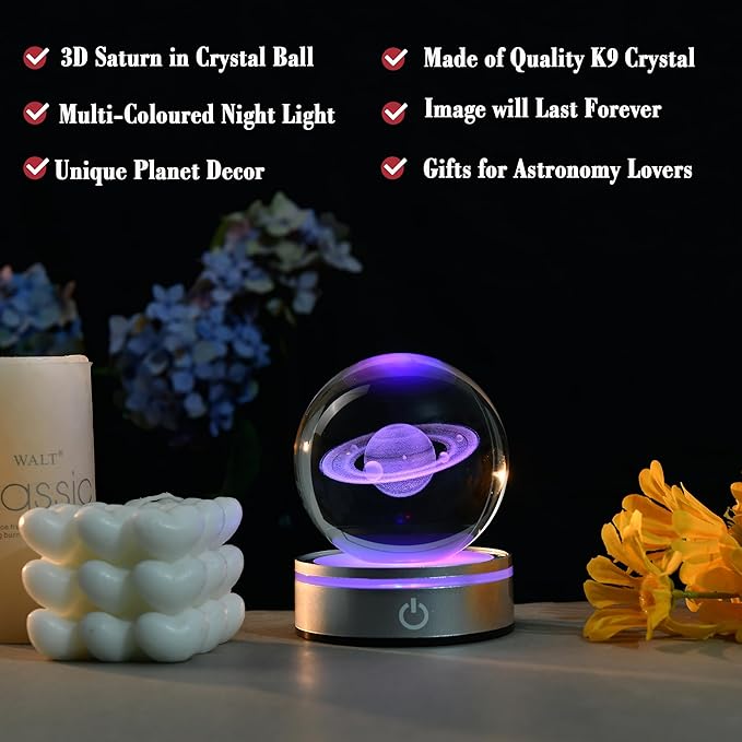 IFOLAINA 3D Saturn Crystal Ball Lamp Space Themed Gifts Engraved Glass Planet Sphere Decor Gifts Crystal Saturn Model Light Astronomy Gift for Kids Him Men Birthday
