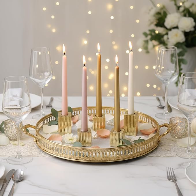 LETINE 12pcs Gold Vertical Stripe Glass Candlestick Holders - Chic Taper Candle Sticks Holder Set for Elegant Dining & Home Decor - Ideal for Christmas, Halloween, Thanksgiving