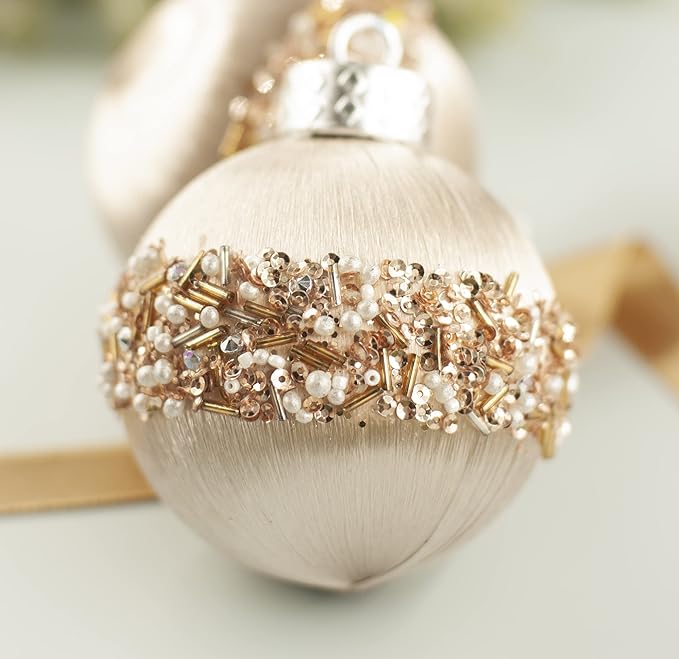 12Pcs 4” Silk Christmas Ball Decorations, Satin Christmas Tree Ornaments, Luxury Vintage Hanging Christmas Home Decor for Xmas Holiday Wedding Party Decoration (Champagne)