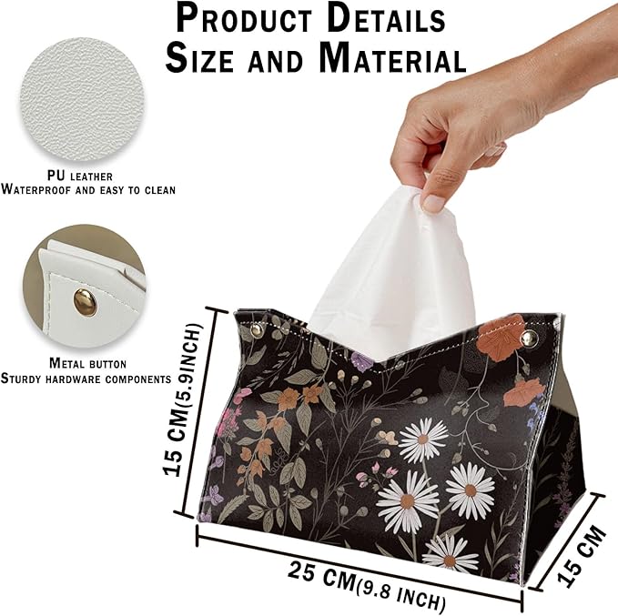 Black Rectangle Tissue Box Cover, Flroal Decorative Tissue Paper Holder, Vintage PU Leather Tissue Holderm Cottagecore Farmhouse Decor for Bathroom Kitchen Living Room Desk 9.8x5.9x5.9