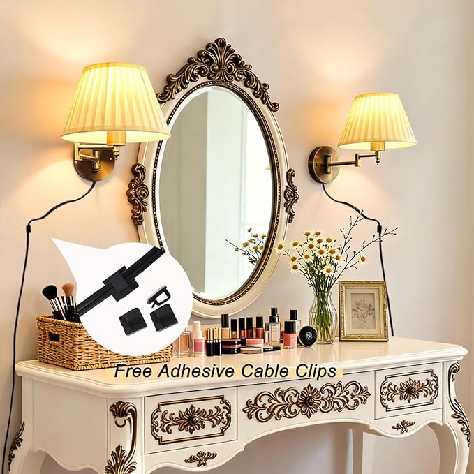 Indoor Wall Sconce Set of Two Swing Arm Wall Lamp Plug in Bronze Wall Light Fixtures with Beige Fabric Shade Bedside Lights for Bedroom Hallway Study Room Living Room Reading Light