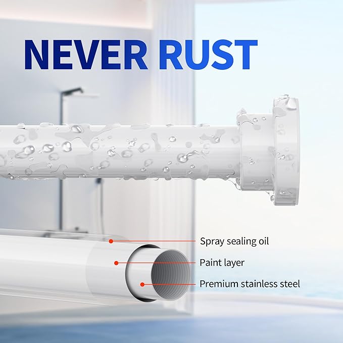 Shower Curtain Rod, 1" Diameter Heavy Duty Tension Shower Rod, Non Slip Adjustable 28-74 inch No Drill Shower Curtain Rods Spring Tension For Bathroom, Shower Stall, No Rust, White