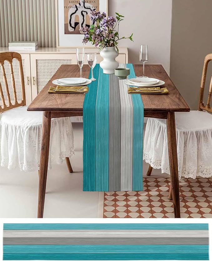 Vandarllin Farmhouse Cotton Linen Table Runner Dresser Scarf Retro Rustic Barn Wood Texture Ombre Aqua Blue Gray Non-Slip Rectangle Settings Decoration for Kitchen Home Dining Holiday,72 inches Long
