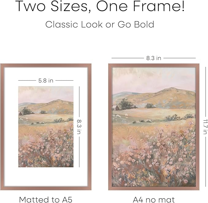 Homeforia A4 Picture Frame Mocha, High End Metal 8.3 x 11.7 Frames for Wall, A4 Photo Frame with Mat for A5 inch Print, 8.25 by 11.75 Mocha Poster Frames, 8.3x11.7 Frame with Glass, Wall Kit, Set of 1