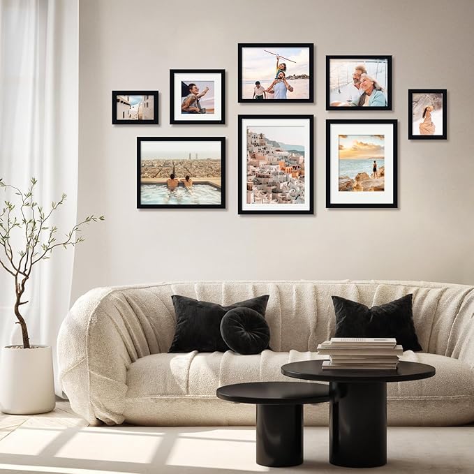 Egofine 8x10 Picture Frames 4PCS, Made of Solid Wood Display 4x6 and 5x7 with Mat Covered by Plexiglass, for Table Top Display and Wall Mounting Photo frame, Black with Texture