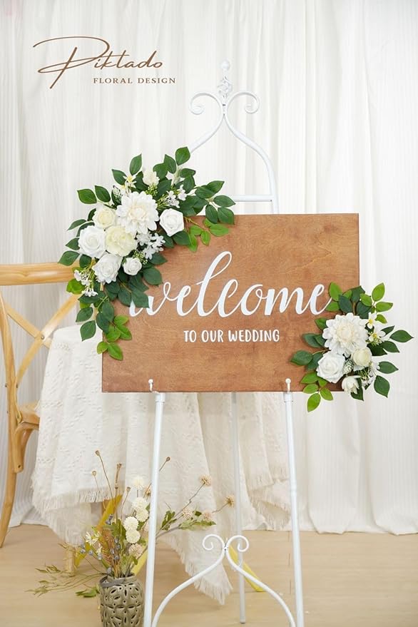 Wedding Decor (Pack of 2) Welcome Sign Flower Backdrop Garland for Ceremony Reception Wall Easel Home Decoration Entryway Faux Outdoor Board Head Table Decor (White)
