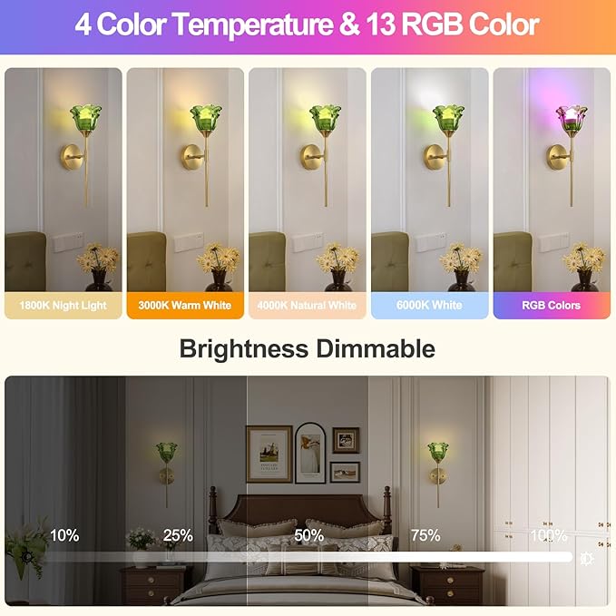 2 Pack Battery Operated Wall Sconce with Green Glass Shades, Wireless Rechargeable RGB Wall Light with Remote Control, for Bedroom Mirror Living Room