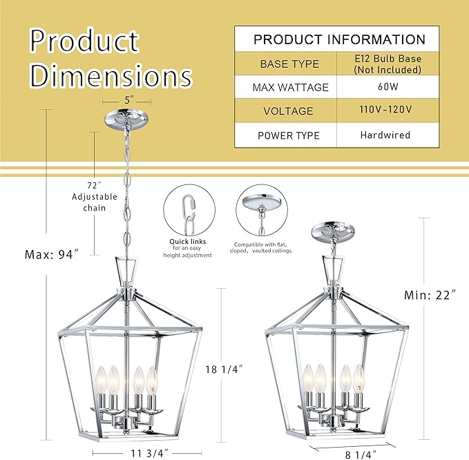 Untrammelife 4-Light Lantern Pendant Light Chrome Modern Hanging Pendant Light Fixtures with Adjustable Chain Metal Cage Dimmable Geometric Chandelier for Kitchen Island Foyer Hallway, 12Inch