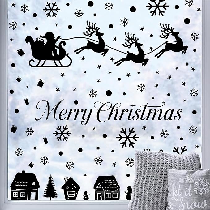 Merry Christmas Wall Decals, Black Santa Reindeer and Snowflake Window Clings, Removable Vinyl Wall Stickers for Holiday Party Bedroom Living Room Offices Home Decoration