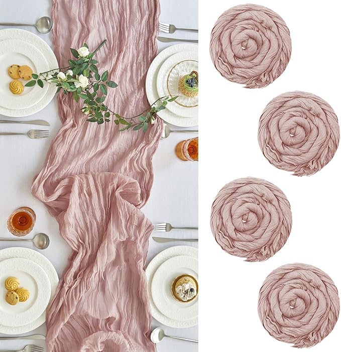 IVAPUPU 4 Pcs Cheesecloth Table Runner - 10ft Dusty Pink Boho Gauze Cheese Cloth Table Runners for Baby Shower Decoration Wedding Party Summer Garden Farmhouse Valentines Day Decorations