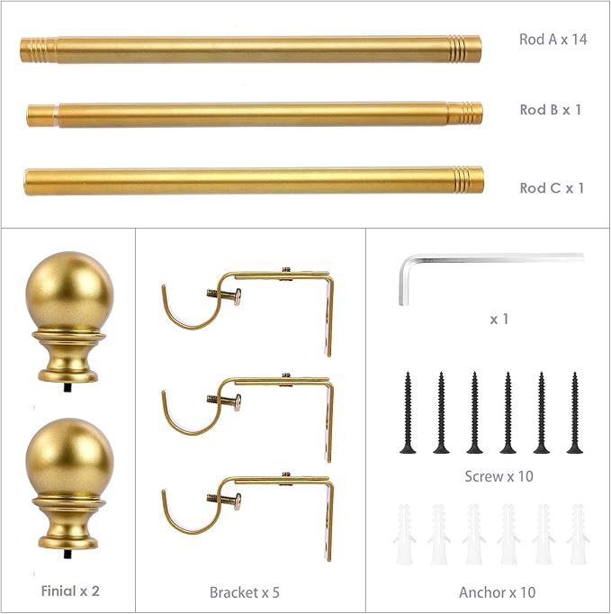 Curtain Rods for windows,1" Diameter Curtain Rod, 32-240" Standard Decorative Window Curtain Rod Set with Brackets for bathroom Kitchen Bedroom Window, Gold