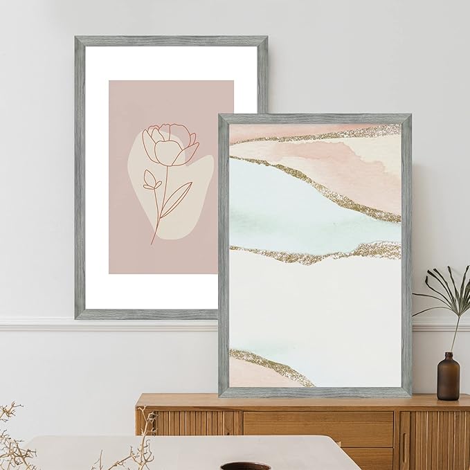 20x30 Frame Set of 2, Rustic Grey Wood Style - Display 16x24 Picture with Mat or 20 x 30 Poster without Mat, Wall Mounting Horizontal and Vertical