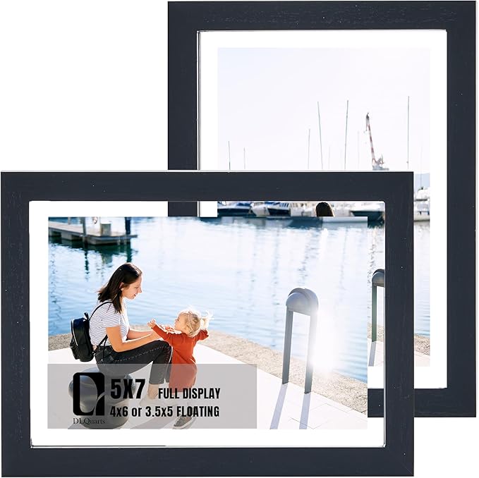 DLQuarts 5x7 Floating Picture Frames for 4x6/3.5x5 Photos, 2-Pack Solid Wood Double Polished Glass Floating Frame for Wall & Tabletop, Postcards and Any Size Photo up to 5x7 Display, Black