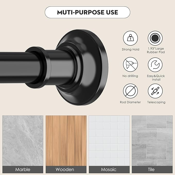 Black Long Curtain Rod Tension Shower Curtain Rods 30 to 120 inch Adjustable Spring Heavy Duty Rods for Bathroom Windows Outdoor No Drill No Slip Spliced and Telescopic Design