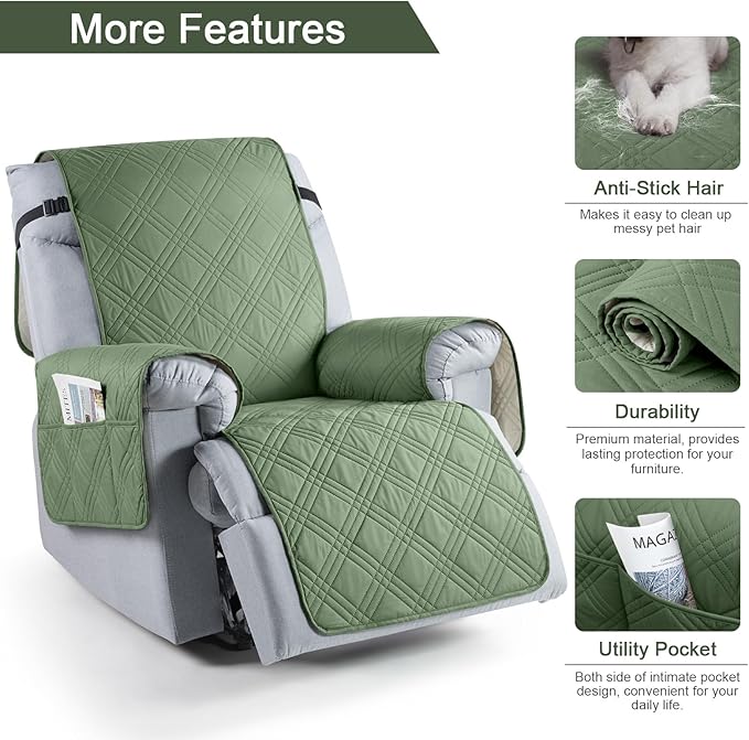 TAOCOCO 100% Waterproof Recliner Chair Cover Stay in Place, Recliner Covers for Small Recliner Chair with Pocket, Reclining Chair Cover Furniture Protector for Kids, Pets(20'', Bean Green)